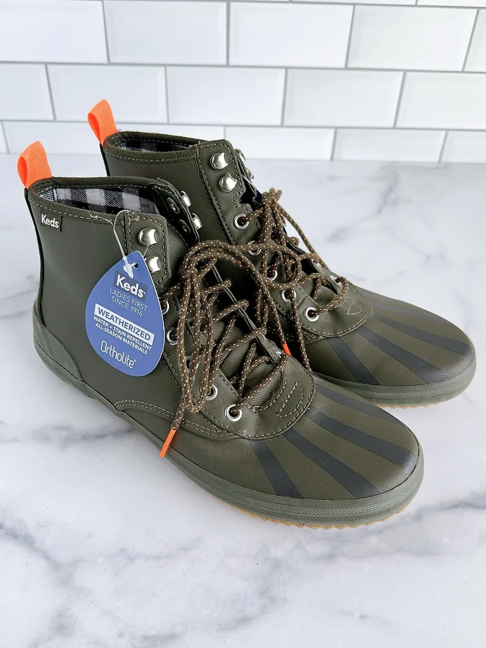 Keds Olive Green Striped High-Top Lace-Up Sneakers with Orange Pull Tabs